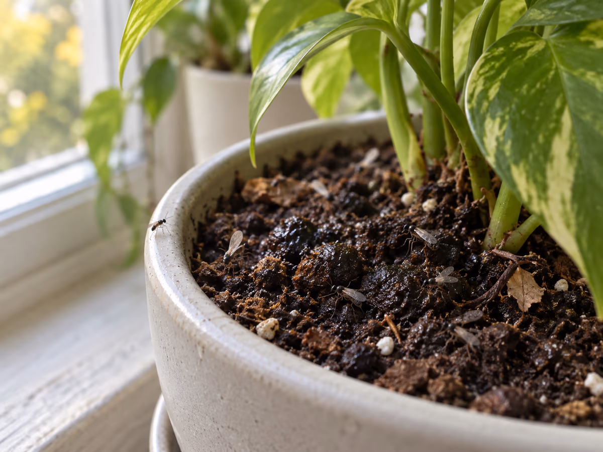 Surface d'un terreau humide dans un pot de plante verte, petits moucherons sombres posés sur le substrat