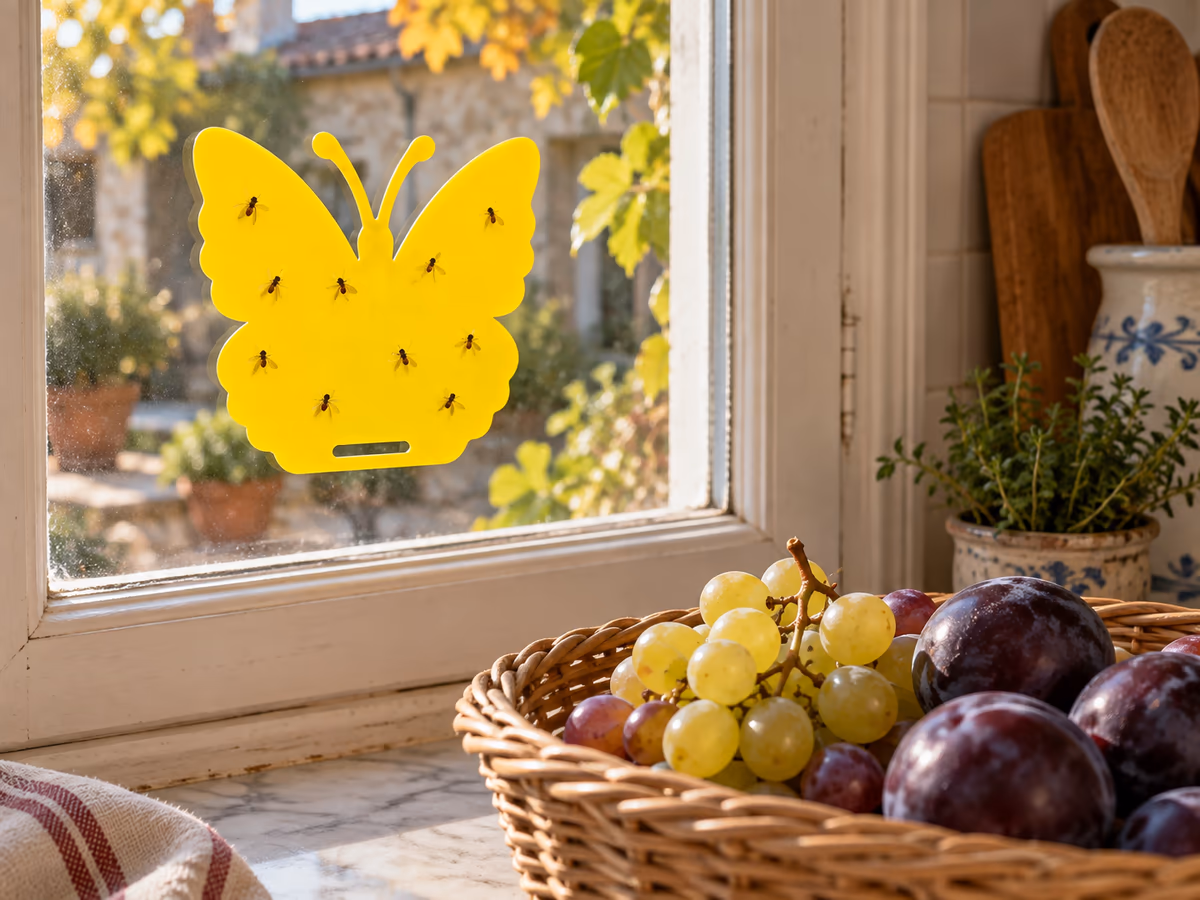 Plaque collante jaune plaquée sur la vitre d'une cuisine, au-dessus d'une corbeille de raisin et de prunes