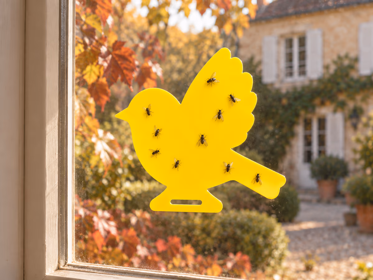 Plaque collante jaune en forme d'oiseau plaquée sur une vitre ensoleillée, feuillage roux visible à l'extérieur