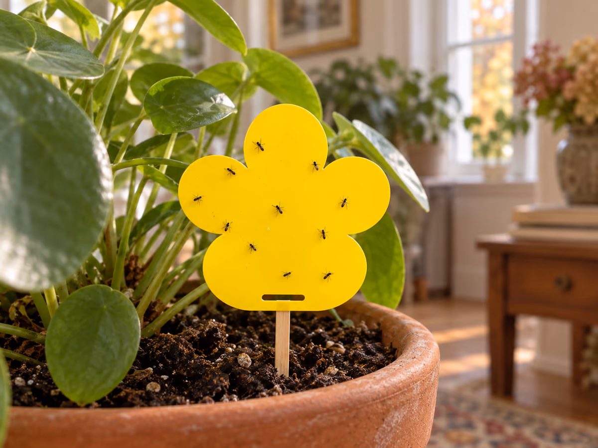 Plaque collante jaune en forme de fleur enfichée sur une tige fine au ras du terreau d'un pot de plante verte