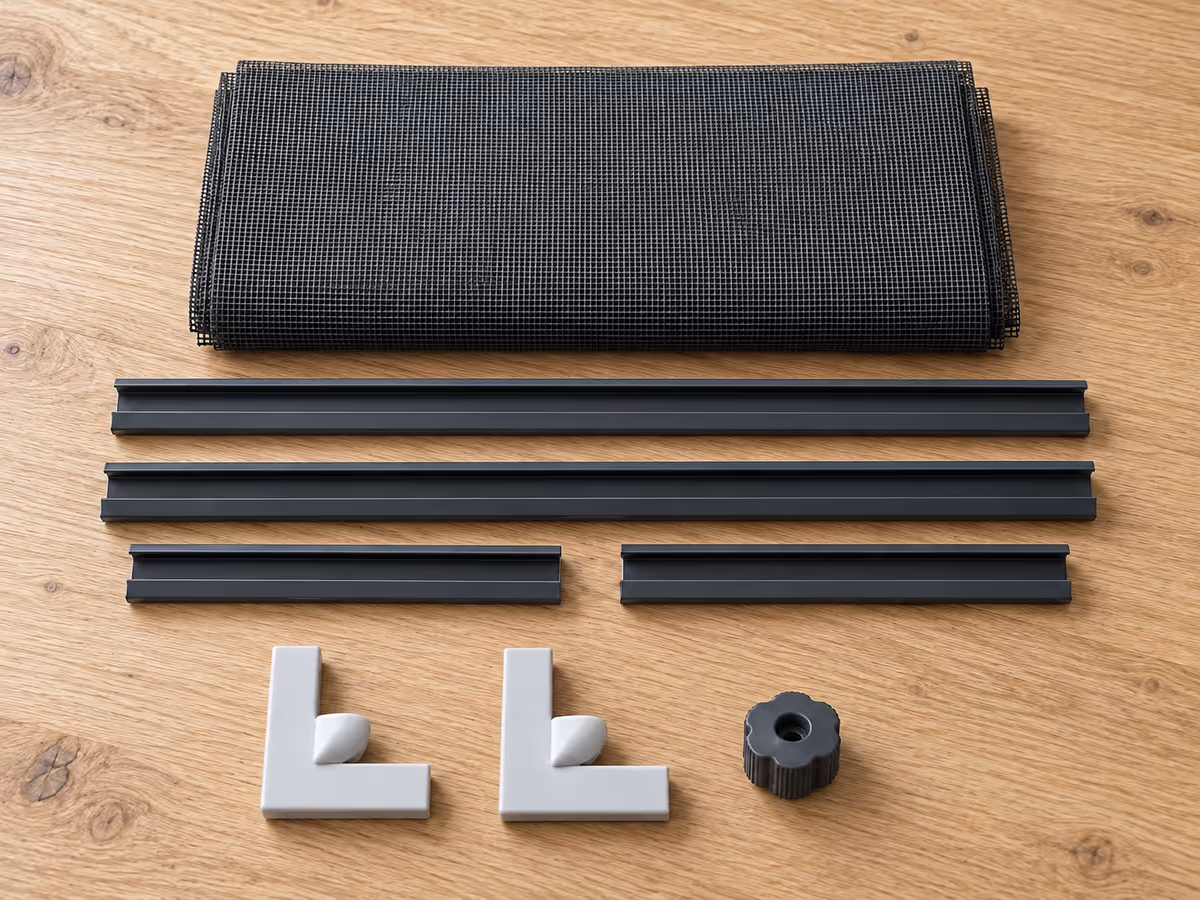 Pièces d'un panneau de moustiquaire posées sur une table en bois, tulle plié, profilés, équerres d'angle et molette de serrage