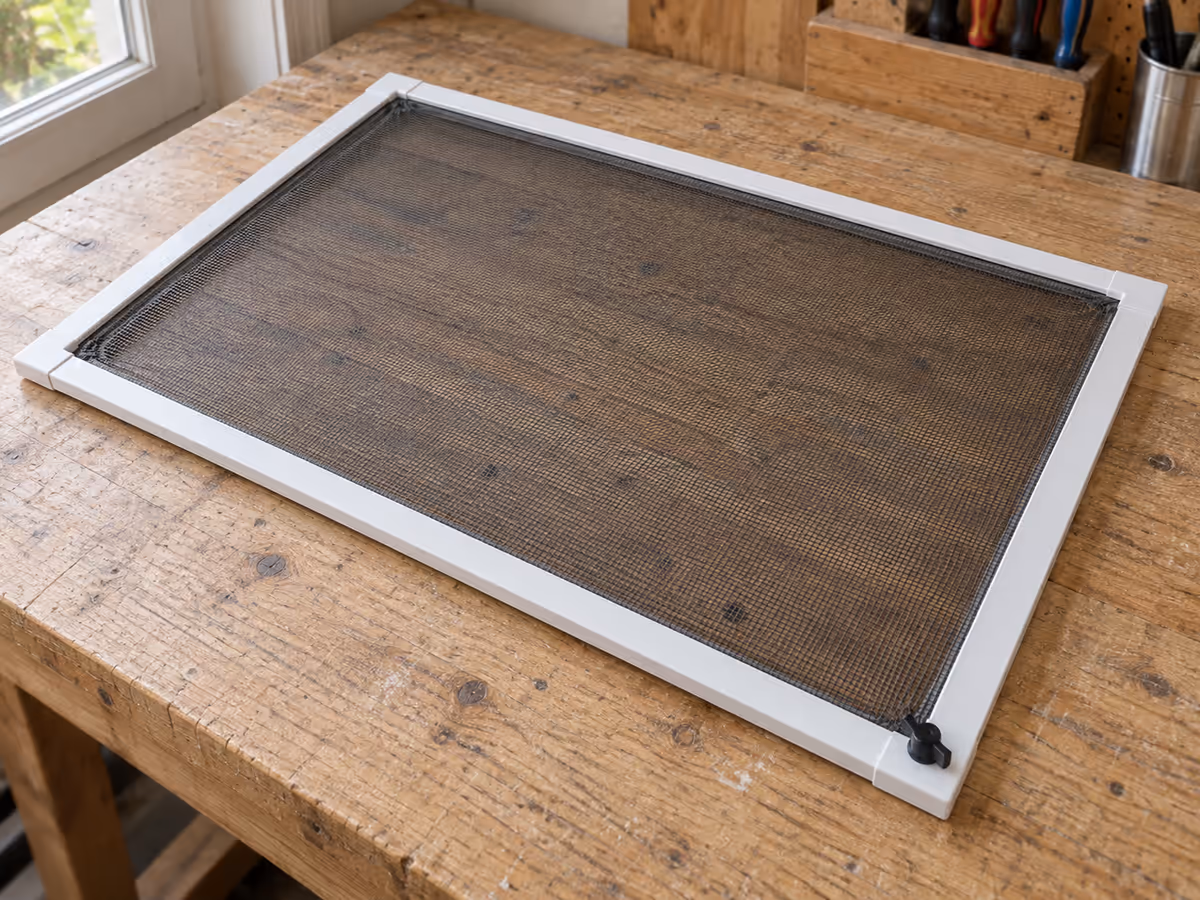 Cadre de moustiquaire posé à plat sur une table en bois, molette de serrage en plastique noir au coin de la structure