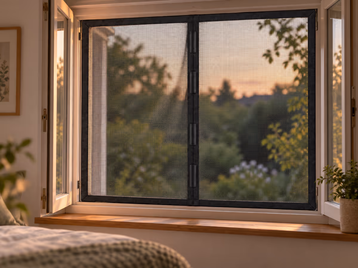 Fenêtre de chambre ouverte en soirée derrière un rideau moustiquaire noir, la toile légèrement soulevée par le courant d'air