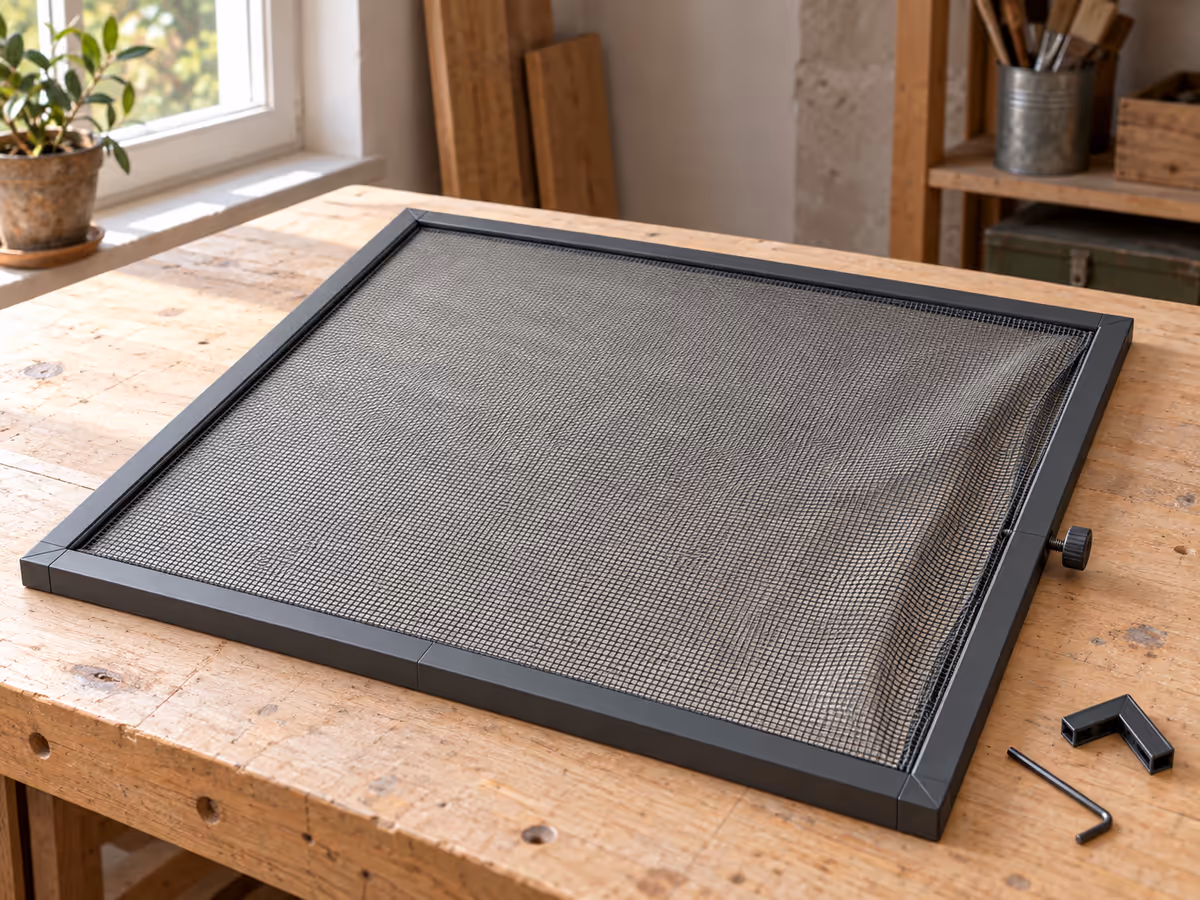 Profilés de cadre et molette de serrage d'un panneau de tulle moustiquaire assemblé à plat sur une table, avant la pose sur la fenêtre