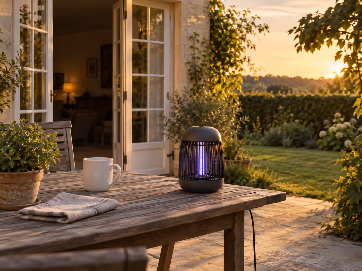 Lampe anti-moustique à ultraviolets posée sur une table de terrasse en bois, porte-fenêtre ouverte derrière, lumière de fin de journée
