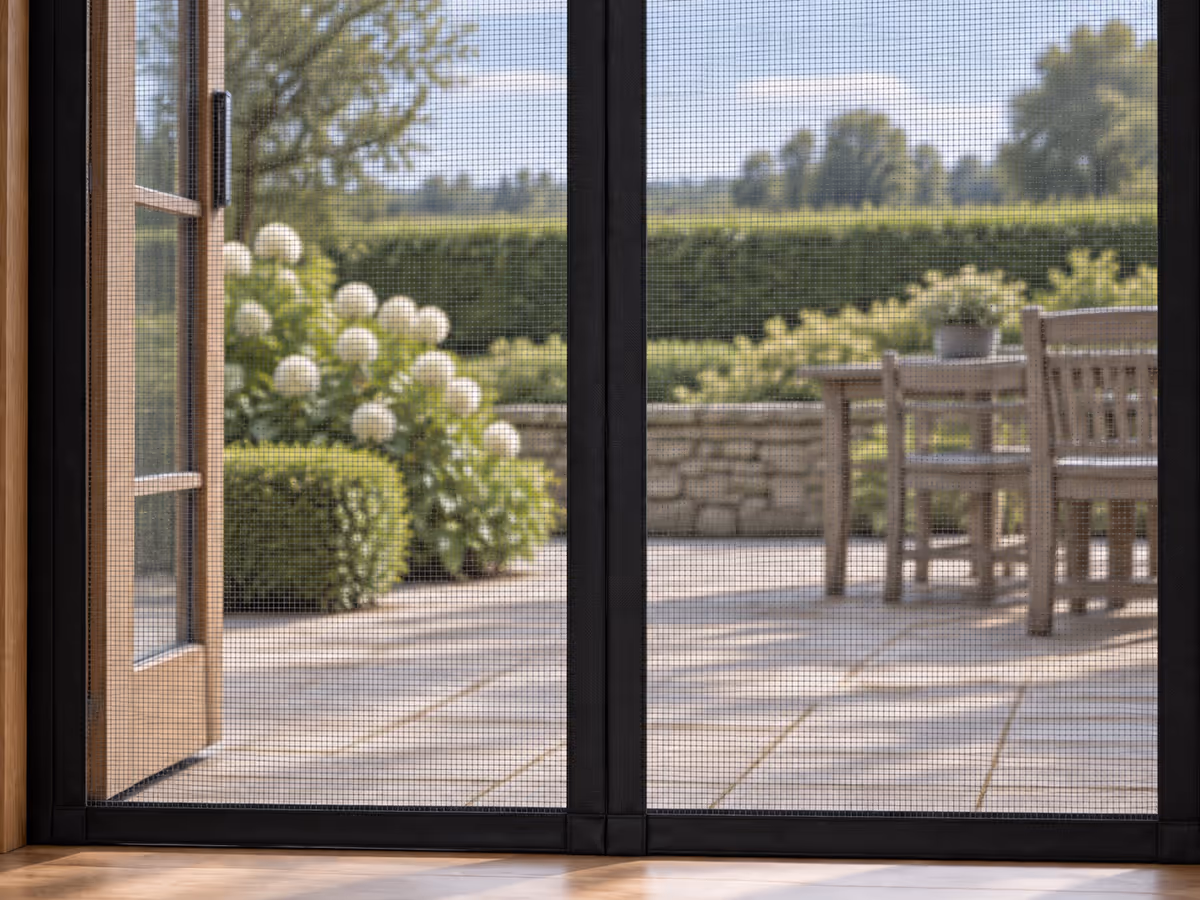 Vue depuis l'intérieur d'un salon vers une terrasse, à travers la maille noire semi-transparente d'un rideau moustiquaire fixé sur la porte-fenêtre