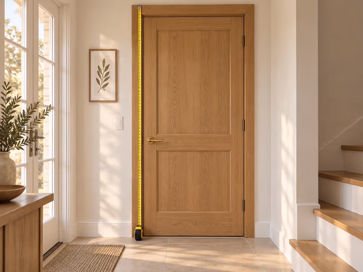 Mètre ruban déroulé le long du montant d'une porte en bois, porte fermée, lumière de fin d'après-midi