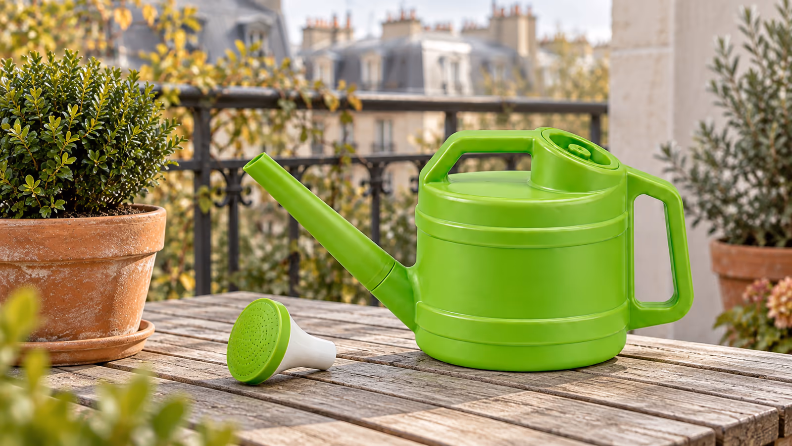 Arrosoir vert à long bec posé sur une table de balcon, sa pomme amovible détachée à côté de lui