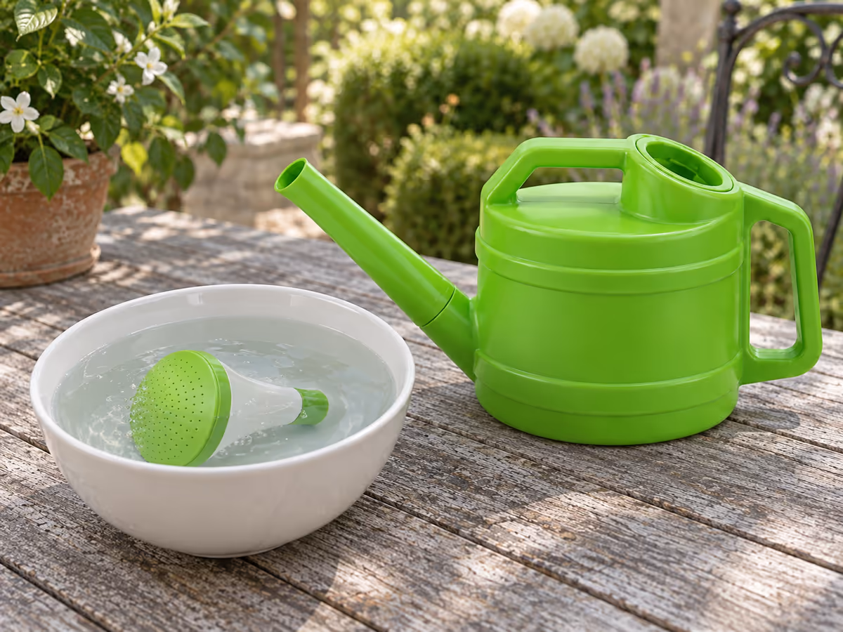 Pomme d'arrosoir détachée posée dans un bol d'eau tiède sur une table de jardin, arrosoir vert debout à côté