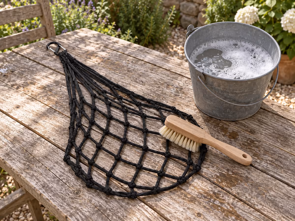 Brossage d'un filet noir à verdure étalé sur une table de jardin, brosse douce passée sur les nœuds de la corde, seau d'eau savonneuse à côté