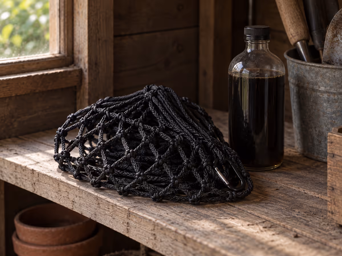 Filet noir plié posé sur une étagère de bois dans un local sombre et aéré, mousqueton fermé glissé dans la poche, pot de savon noir à côté
