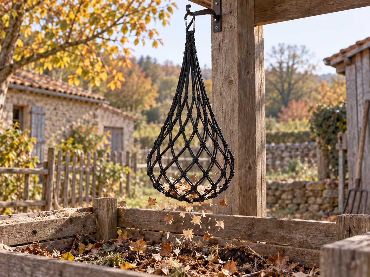 Filet noir à verdure suspendu au-dessus d'un bac à compost, feuilles mortes et copeaux qui tombent de la poche, cour de ferme en automne