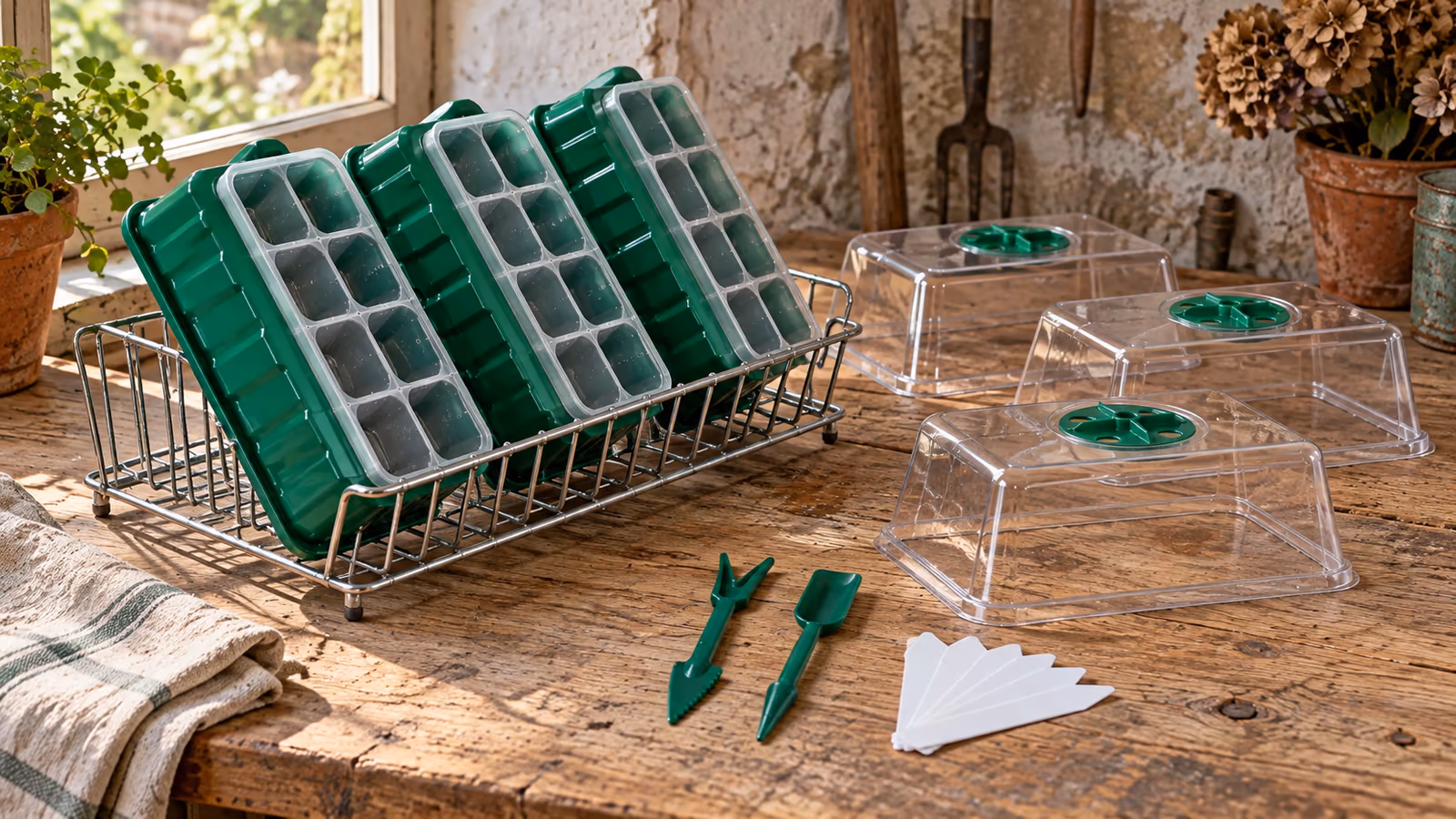 Trois plateaux de germination verts retournés sur un égouttoir, dômes transparents posés à côté, cellules propres et sèches