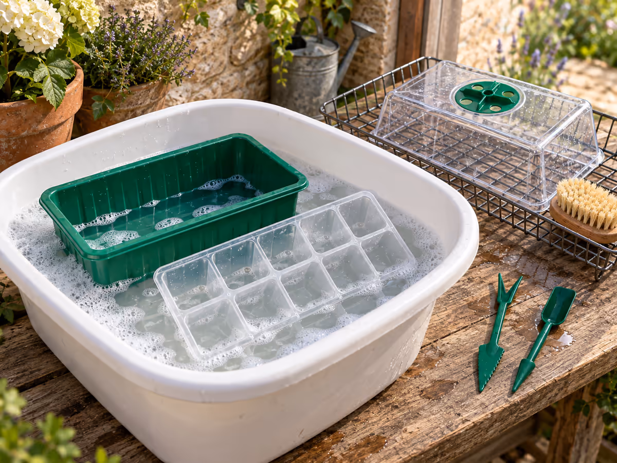 Plateau vert de dix cellules posé dans un bac d'eau savonneuse, brosse douce et base transparente sur un égouttoir