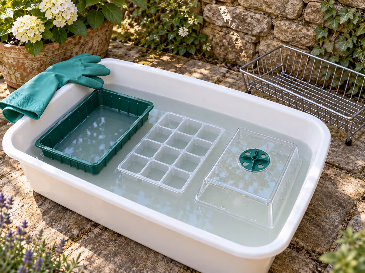 Bac de solution javellisée avec plateau et dôme transparent immergés, gants en caoutchouc et égouttoir vide à côté