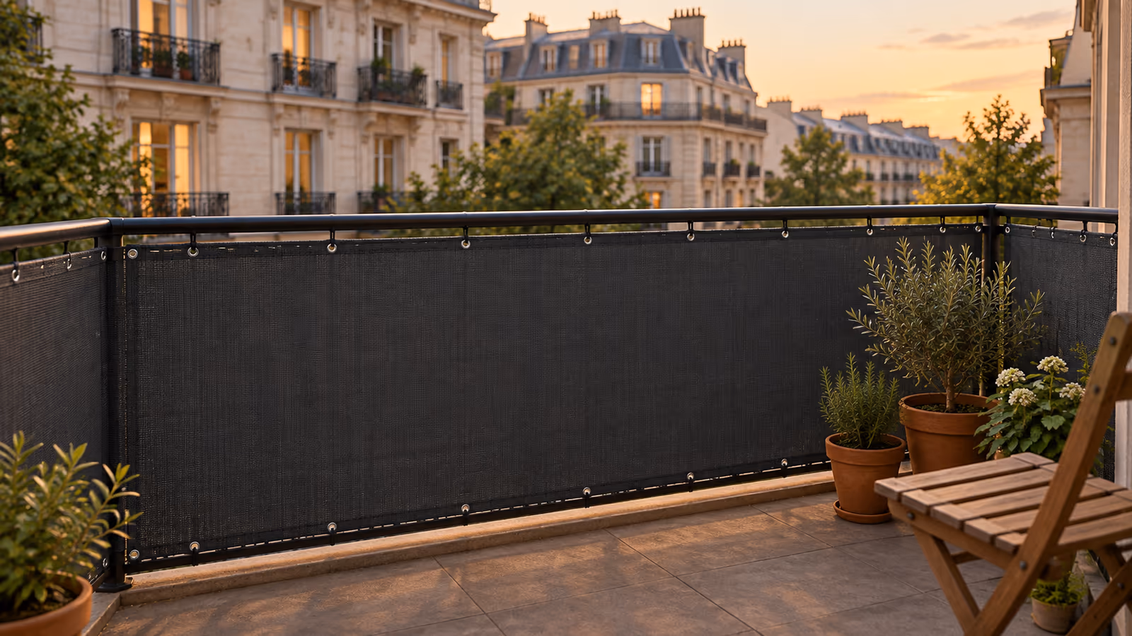 Balcon urbain clos par un paravent anthracite tendu sur la rambarde, immeubles en vis-à-vis en arrière-plan à la lumière du soir
