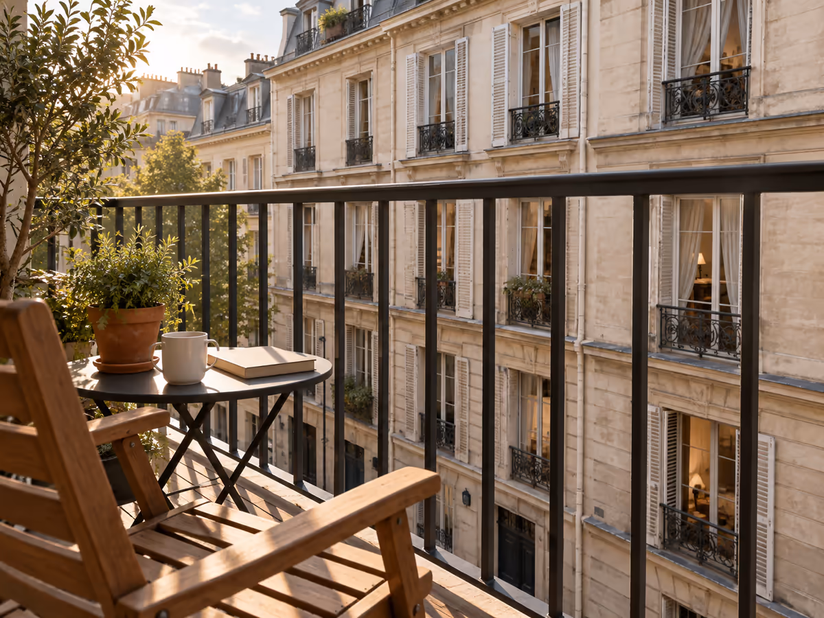 Vue depuis un fauteuil de balcon vers les fenêtres d'un immeuble voisin, sans écran, en fin d'après-midi ensoleillé