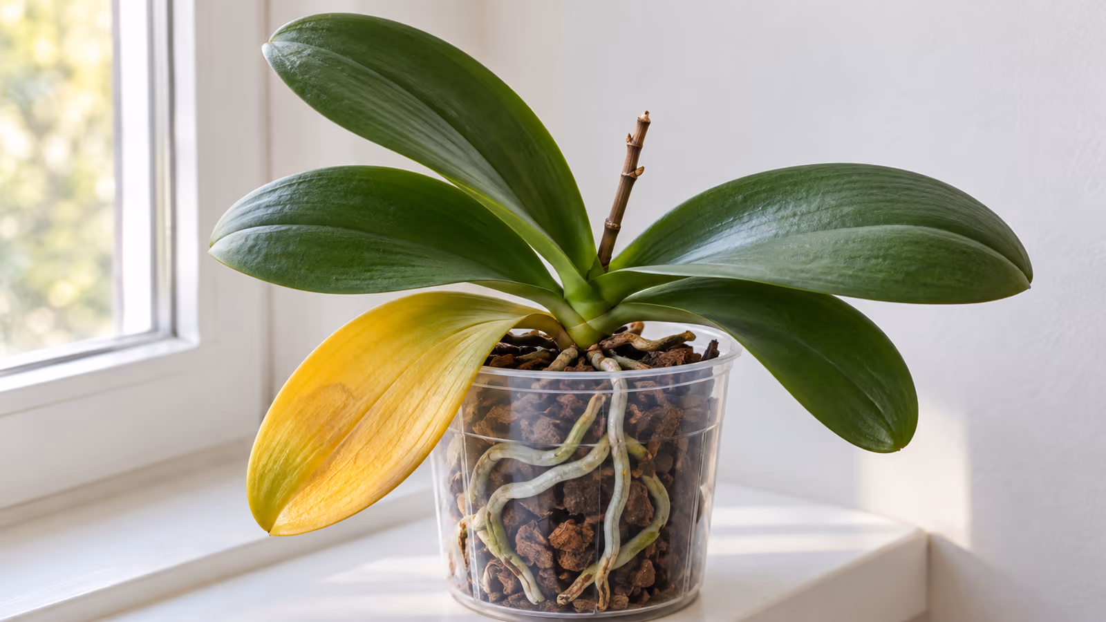 Orchidée phalaenopsis en pot transparent sur un rebord de fenêtre, une feuille basse jaunie parmi les feuilles vertes, racines visibles le long de la paroi