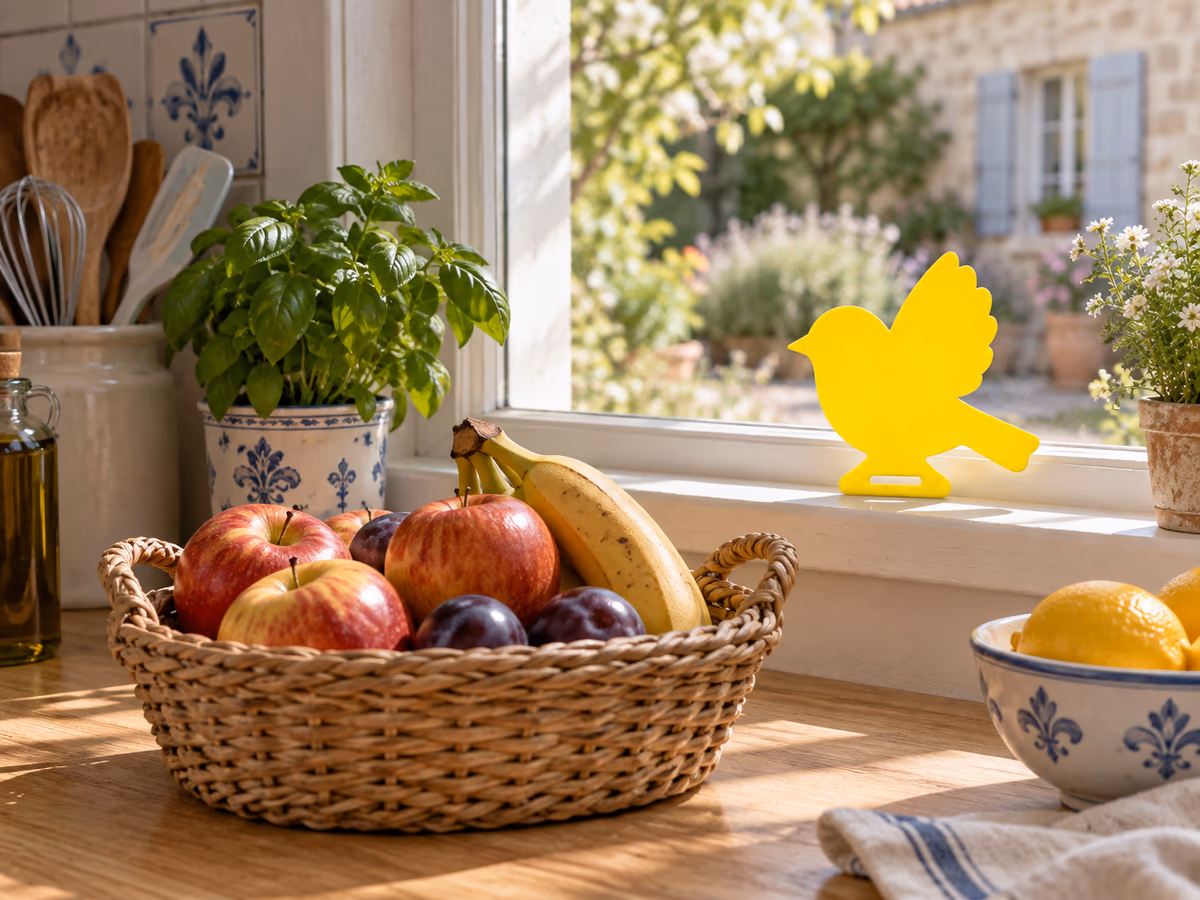 Plaque collante jaune en forme d'oiseau posée sur le rebord intérieur d'une fenêtre derrière une corbeille de fruits mûrs