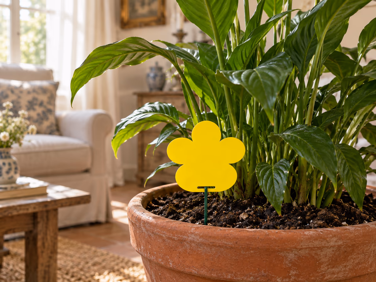 Plaque collante jaune en forme de fleur fichée sur une tige fine au ras du terreau d'un grand pot de plante verte dans un séjour