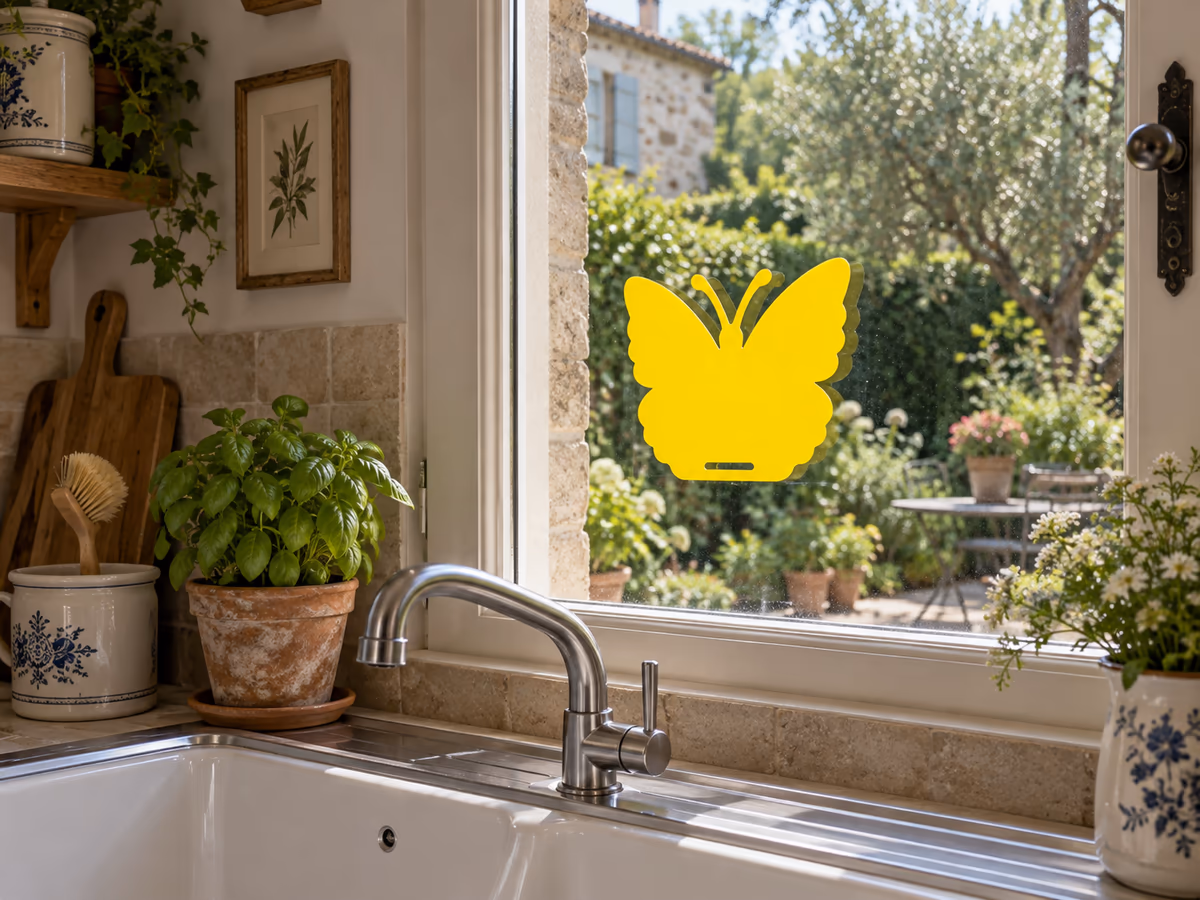 Plaque collante jaune en forme de papillon plaquée sur la vitre d'une fenêtre de cuisine au-dessus d'un évier