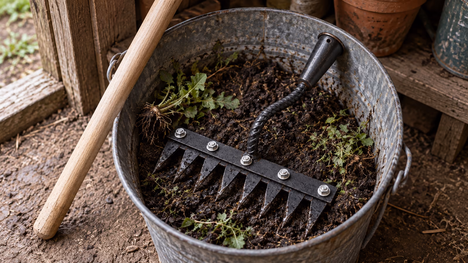 Griffe de désherbage au fond d'un seau de jardin, dents couvertes de terre humide, manche en bois posé en travers du bord