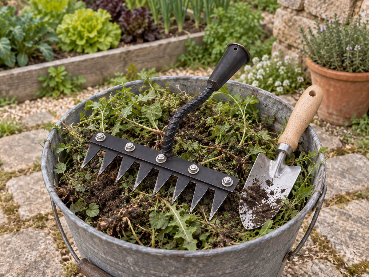 Seau de jardin à moitié rempli de mauvaises herbes humides, une griffe à dents et un transplantoir posés dessus