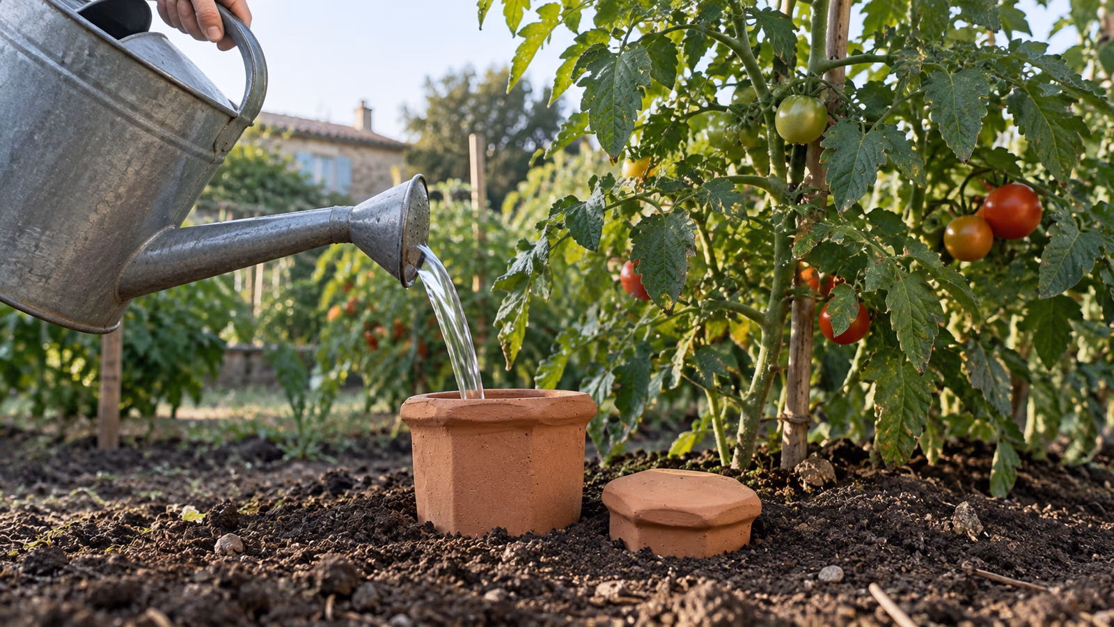 Oya en terre cuite enterrée au pied de plants de tomates dans un potager français a l'aube, couvercle terracotta visible juste au-dessus du sol