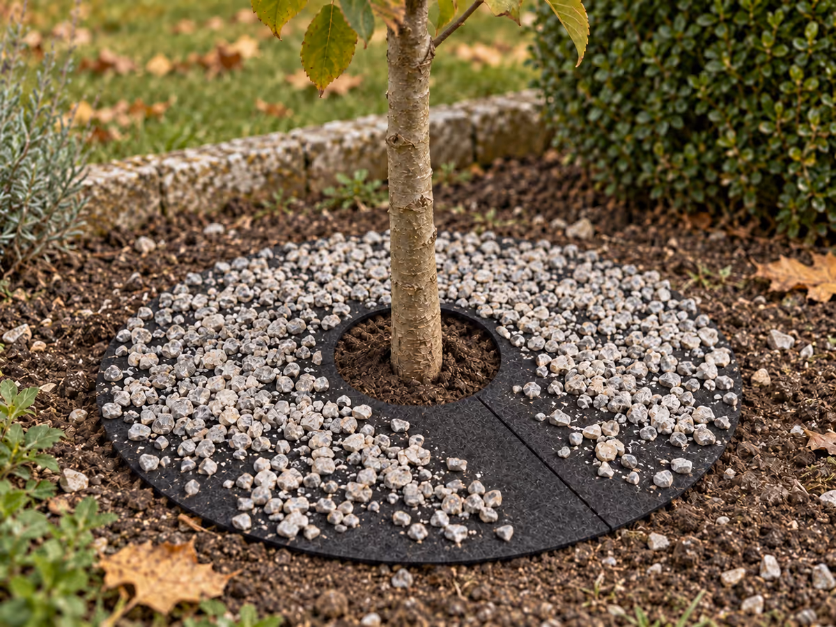 Anneau de terre nue dégagé autour du tronc d'un jeune arbre, disque de paillage noir repoussé à quelques centimètres, gravier clair sur le reste du textile