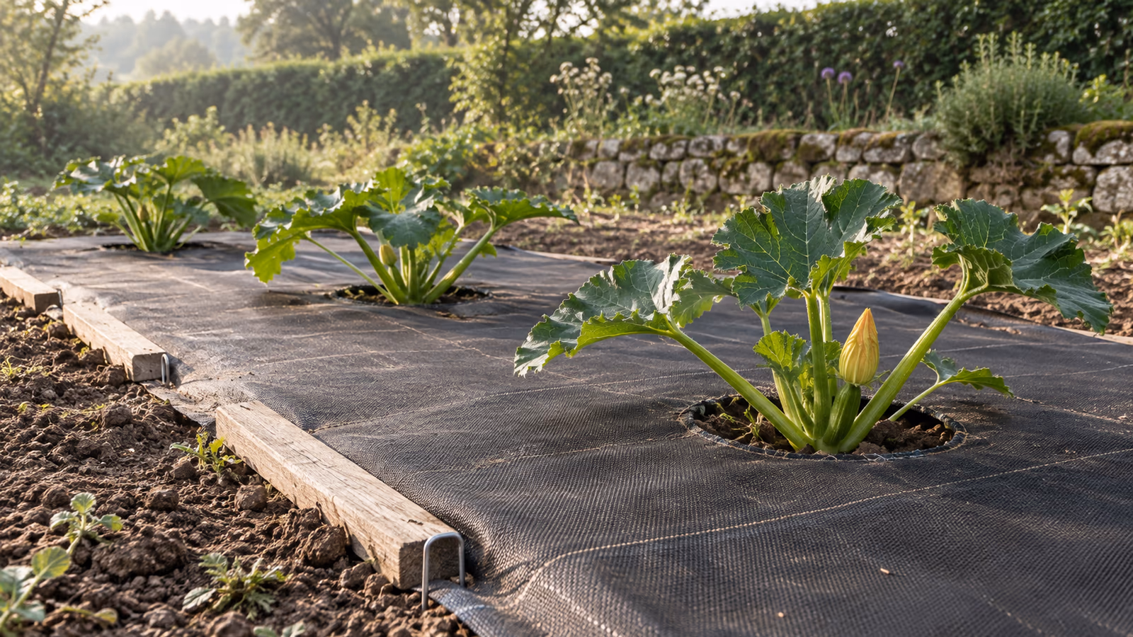 Planche de potager couverte d'une toile de paillage sombre percée de trous de plantation, jeunes plants de courgettes qui émergent des ouvertures