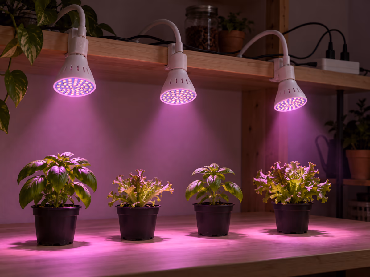 Trois ampoules horticoles sur douilles orientables au-dessus de godets de jeunes plants, pièce sombre