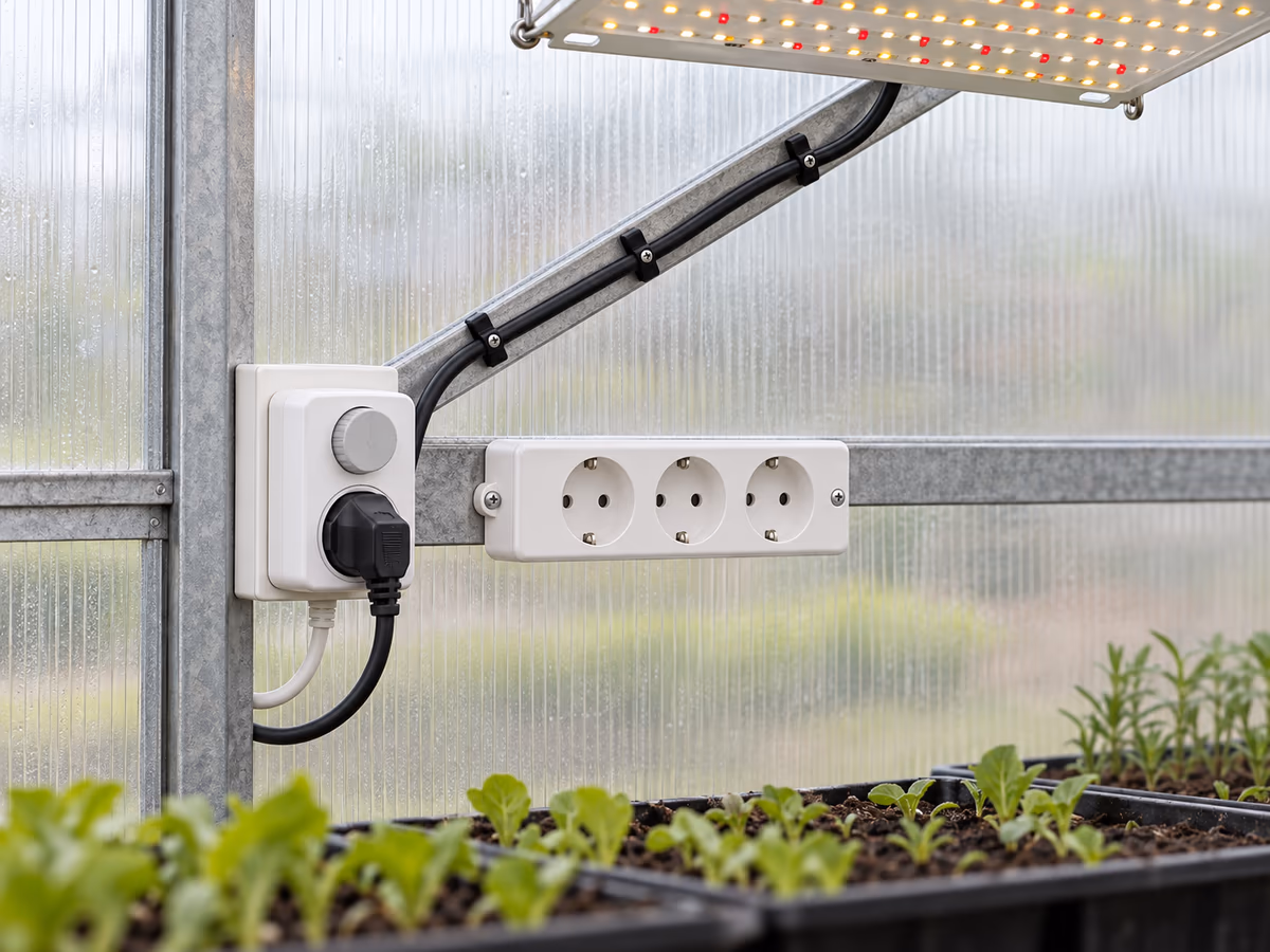 Prise programmable murale et multiprise dans une serre, câble d'alimentation attaché le long d'une barre métallique