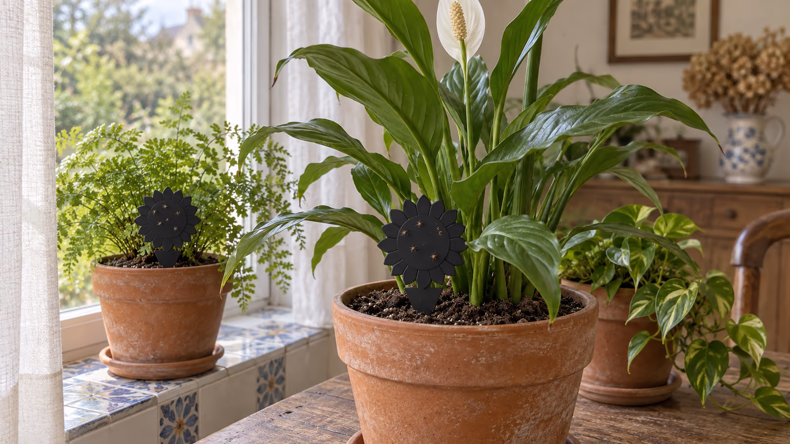Plaques collantes noires en forme de tournesol plantées sur leur pic au ras du terreau d'un pot de plante verte