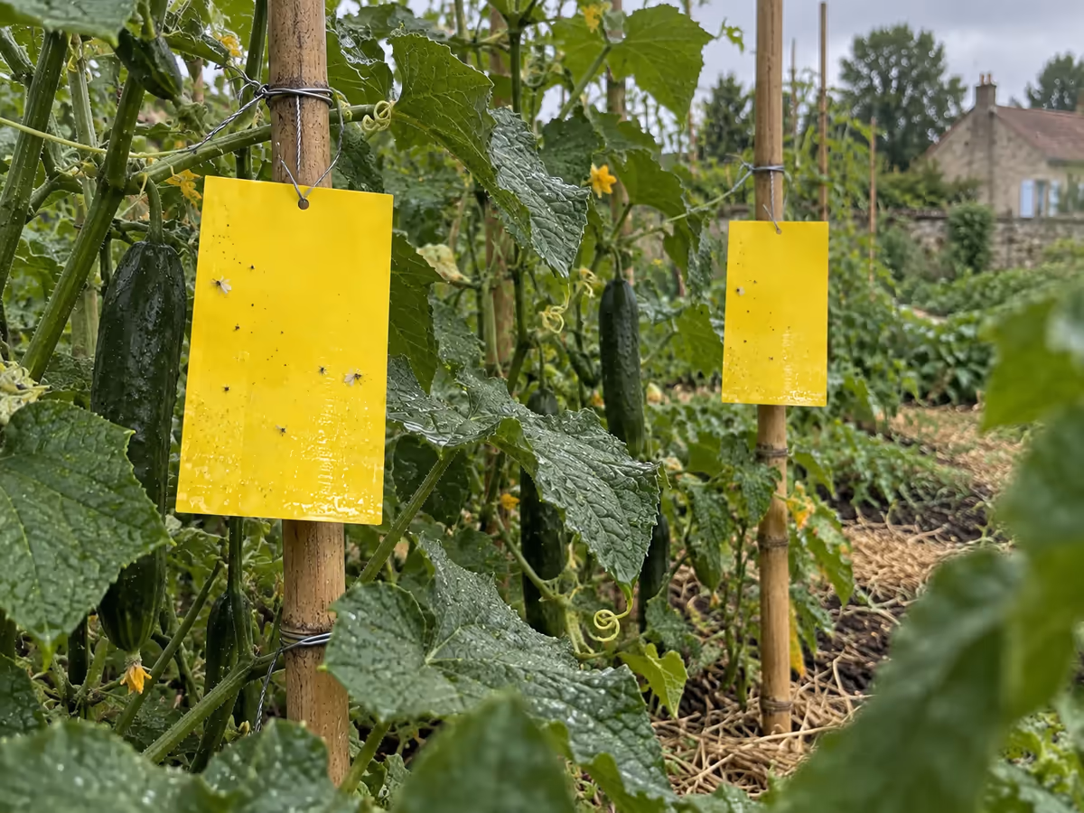 Panneaux collants jaunes piqués le long d'un rang de concombres au potager, feuillage au premier plan