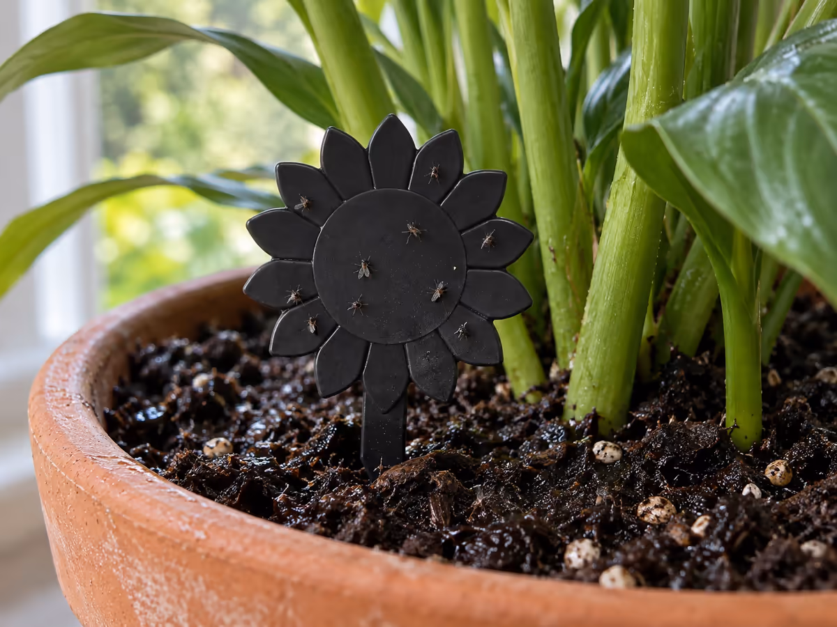 Plaque collante noire en forme de fleur plantée dans un terreau humide, petits moucherons sombres posés sur sa surface