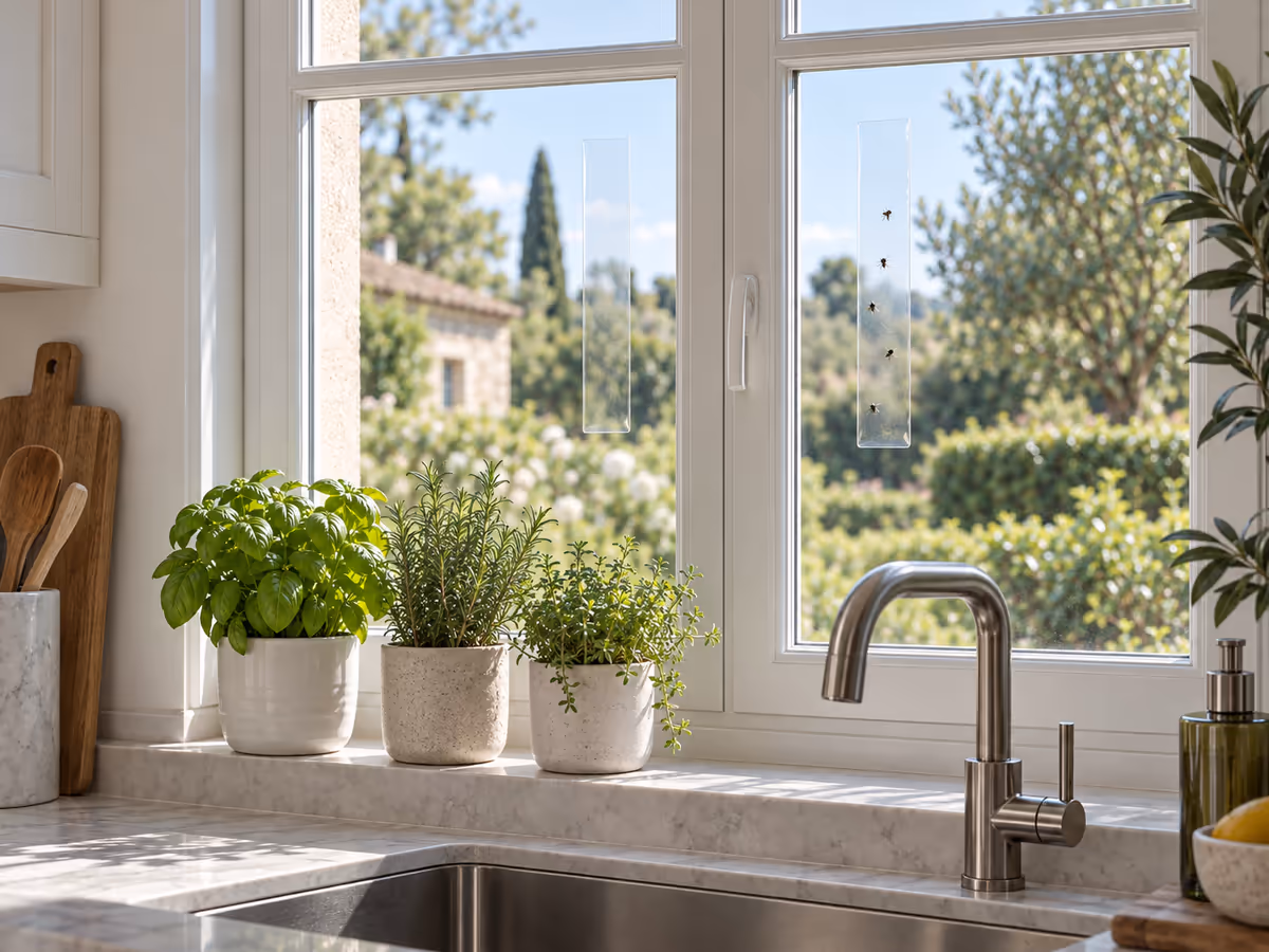 Bande collante transparente tendue sur la vitre d'une fenêtre de cuisine, rebord de plantes vertes juste derrière