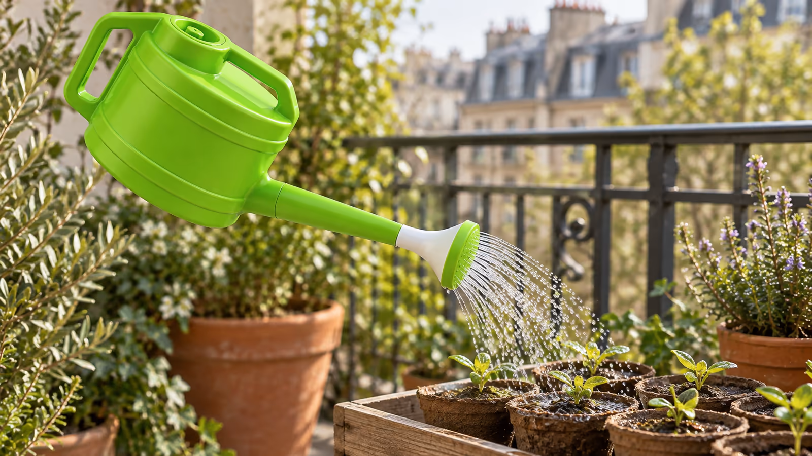 Arrosoir vert à long bec versant une pluie fine par sa pomme sur des godets de semis, lumière douce du matin