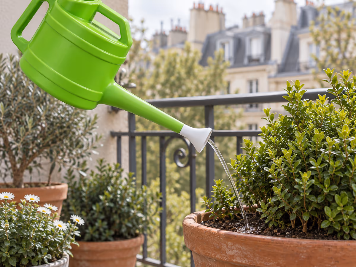Long bec d'arrosoir sans pomme versant un filet d'eau au pied d'une plante verte en pot, feuillage resté sec