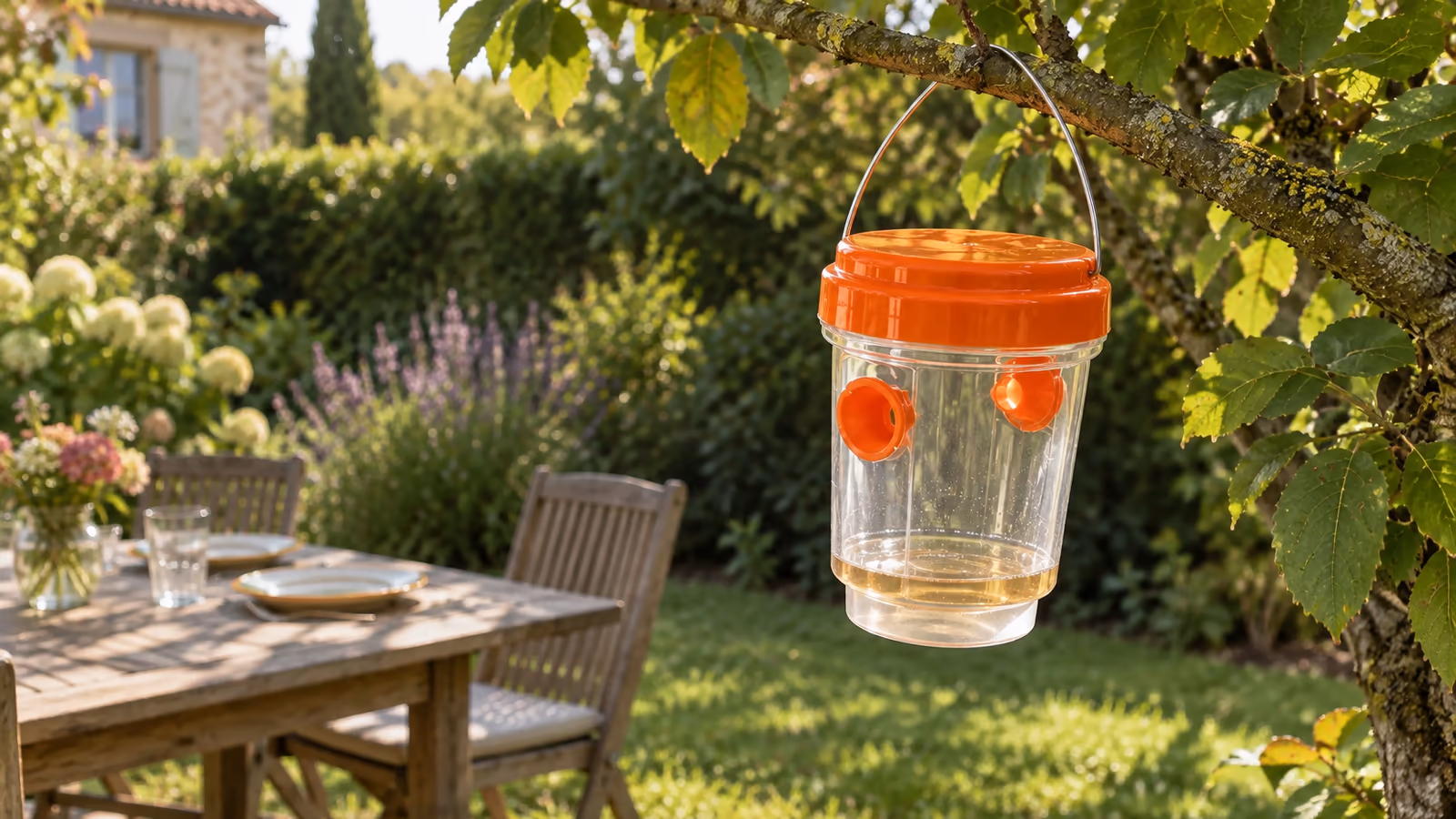 Table de terrasse en bois en fin d'été, piège à guêpes à corps transparent suspendu par son anse à une branche à quelques pas, verres et assiettes au fond