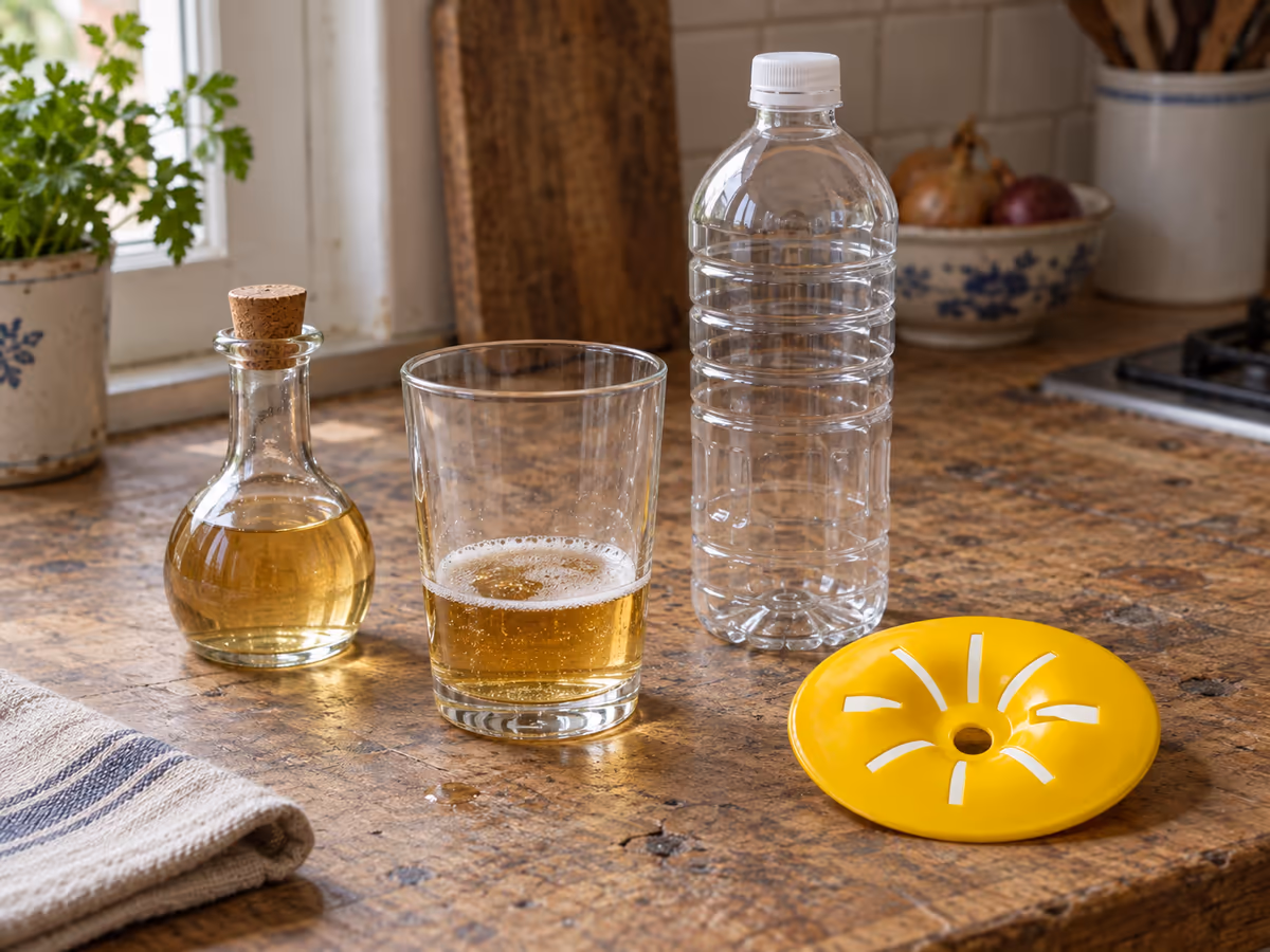 Verre de bière blonde et petit flacon de vinaigre posés sur un plan de travail en bois, bouteille plastique vide et entonnoir jaune à côté