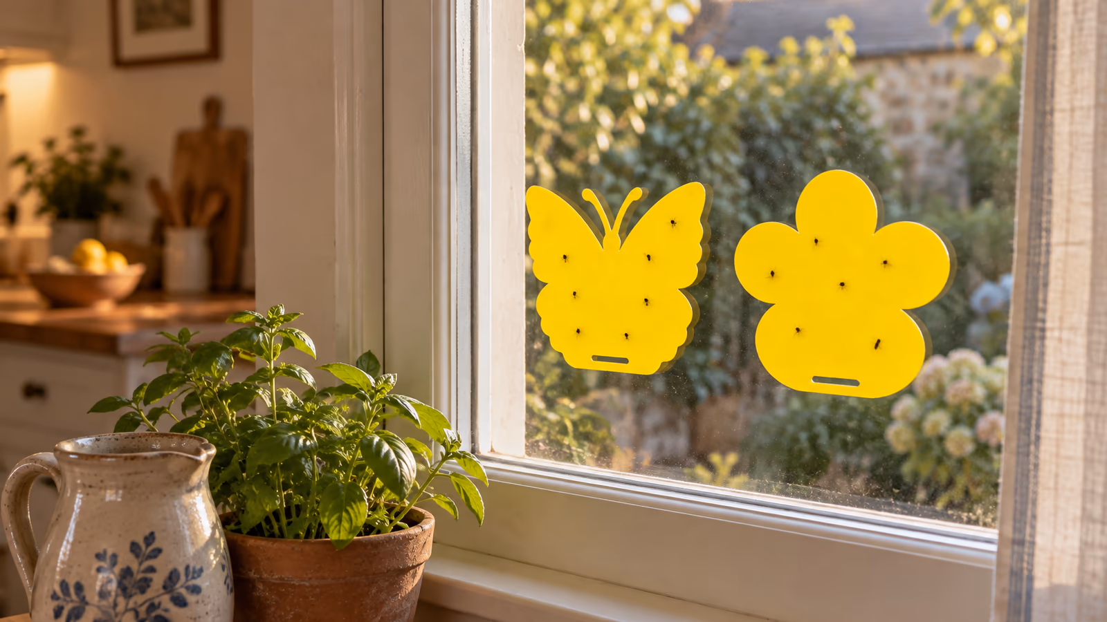 Vitre de fenêtre de cuisine en fin de journée, deux plaques collantes jaunes en forme de papillon collées sur le carreau