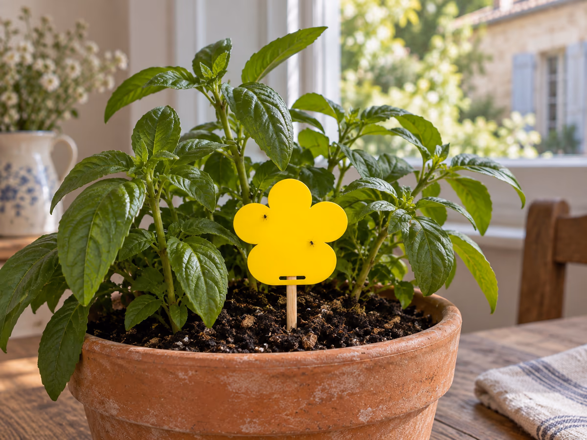 Petite plaque collante jaune en forme de fleur enfilée sur une tige fine au-dessus du terreau d'un pot de plante verte