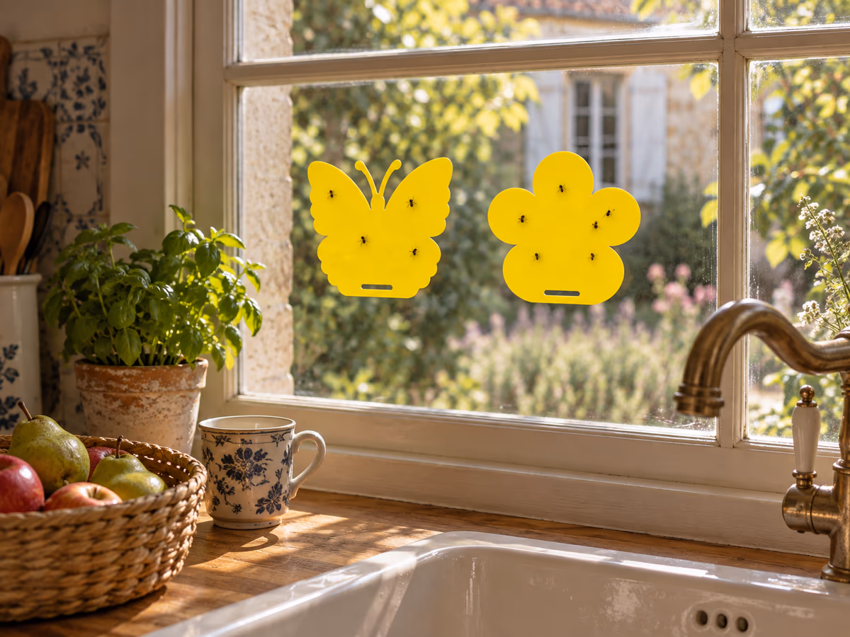 Plaques collantes jaunes en forme de papillon et de fleur collées sur la vitre d'une fenêtre de cuisine, corbeille de fruits sur le plan de travail
