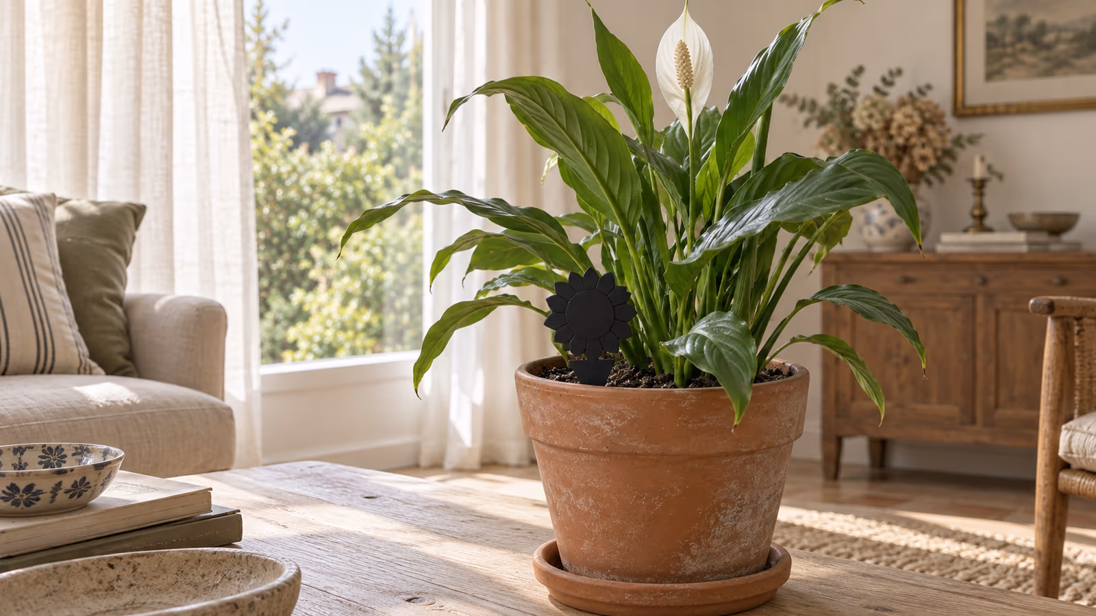 Plaque collante noire en forme de tournesol plantée au ras du terreau d'un pot de plante verte posé sur une table basse, lumière du matin