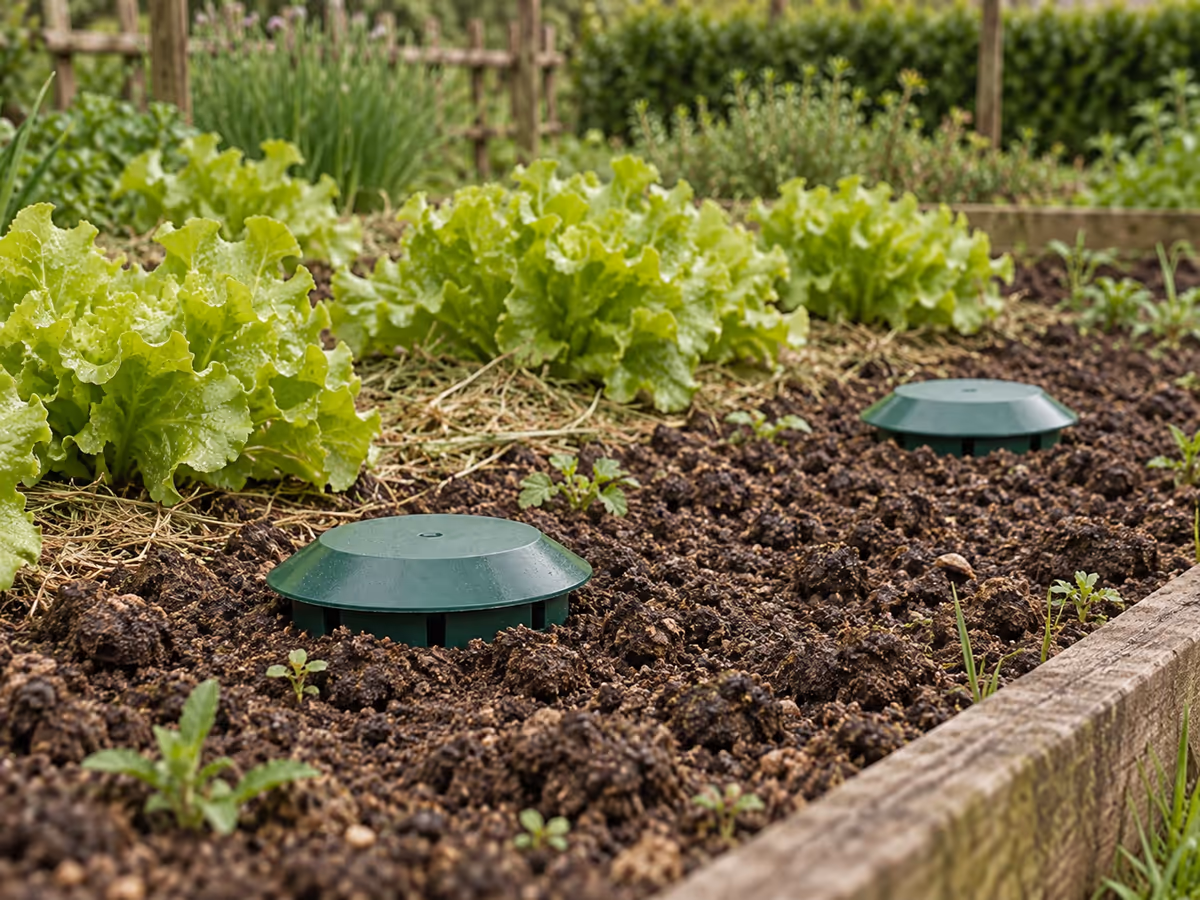 Deux godets à limaces enterrés en bordure d'une planche de jeunes salades dans un potager français, terre humide et paillage de tontes au pied des plants