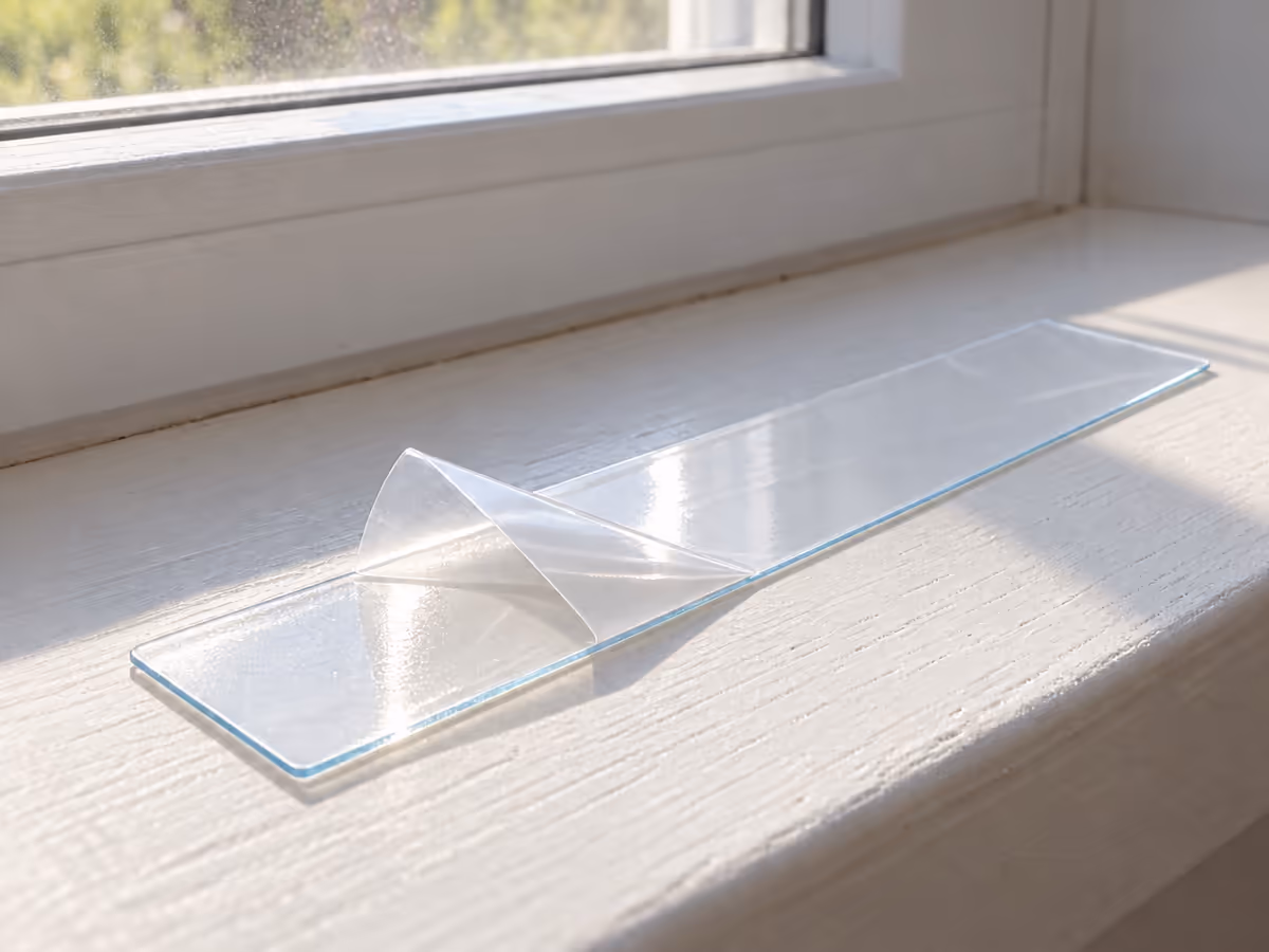 Bande collante transparente à plat sur un rebord de fenêtre clair, film protecteur à moitié décollé laissant voir la face adhésive, lumière rasante de matin
