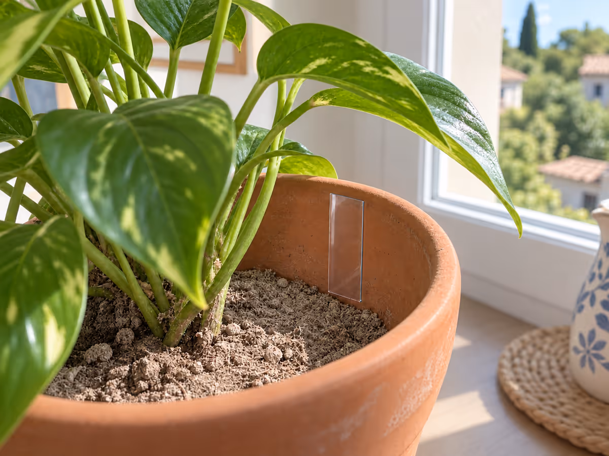 Bande collante transparente fixée contre la paroi intérieure d'un pot de plante verte, surface du terreau sèche et claire, feuillage en arrière-plan