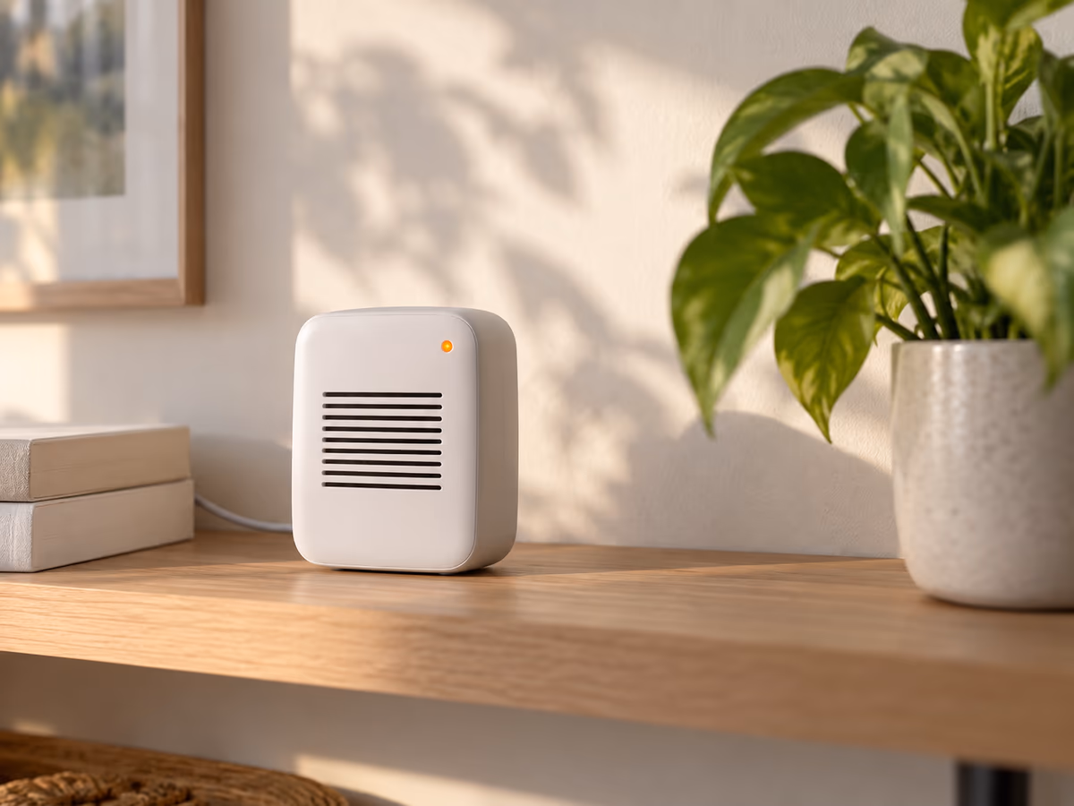 Boîtier électronique anti-insectes posé sur une étagère de séjour près d'une plante verte en pot
