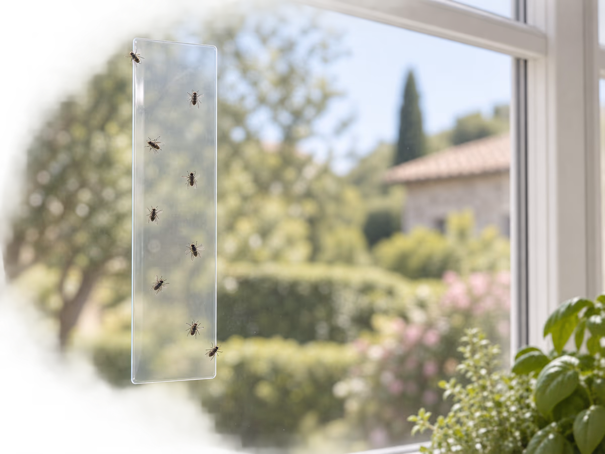 Bande collante transparente sur une vitre vue de près, plusieurs petits moucherons retenus par la colle