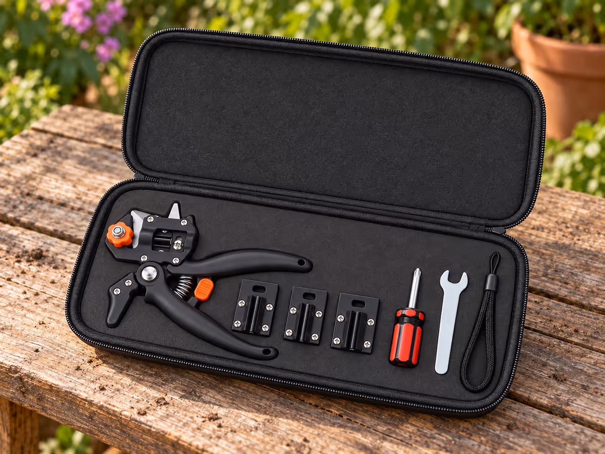Coffret rigide ouvert sur un établi, sécateur de greffage à molette orange rangé dedans avec trois lames de rechange, un tournevis et une clé plate